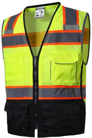 SKSAFETY 10 Pockets Professional level Safety Vest, Class 2 High Visibility Security with Zipper, Hi Vis with Reflective Strips, ANSI/ISEA Standard, Construction Work（Lime Black, 2XL）