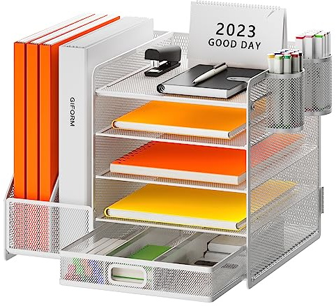 Restorgan Desk Organiser with File Holder, 5-Tier Paper Tray Organiser with Drawer and 2 Pen Holder, Mesh Desk File Organiser with Magazine Holder for Home Office Supplies (white)