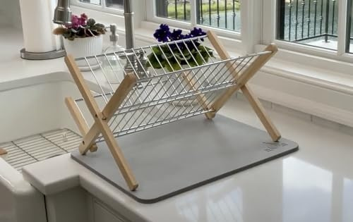 Magic Stone - Diatomaceous Earth Kitchen Mat and Bamboo Dish Rack – Super Absorbent Dish Drying Mats for Kitchen Counter, Durable & Quick Drying Mat (Dove Gray)