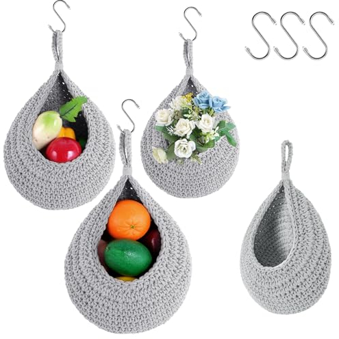 Opslagruimte Wall Hanging Fruit Baskets for Kitchen, Pack of 3 Boho Hanging Baskets for Fruits, Vegetables, Potatoes, Onions, Wall Mount Baskets Drop-Brown