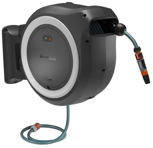 Gardena Conjunto Listo Para Usar Portamanguera de Pared con Batería PowerRoll XL: Portamanguera automático con manguera de 35 m, guía y RollControll, conjunto completo con batería (18642-20)