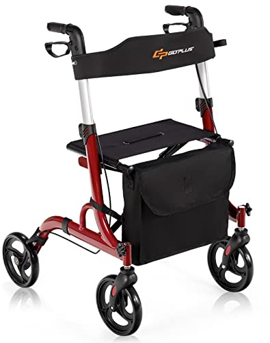 GOPLUS Rollator faltbar, höhenverstellbare Gehhilfe inkl. Griffe & Sitz mit Rückengurt, Laufhilfe mit Rädern, Tasche & Stockhalter, Gehwagen aus Alu bis 150kg belastbar für Senioren (Rot)