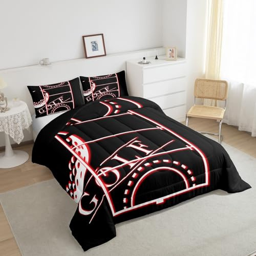 Erosebridal Sports Comforter Twin for Men Golf Bedding Set for Boys, Neon Glowing Red Down Comforter Sport Theme Bed Set, Black Red Quilted Duvet Microfiber 2pcs (Black Reversible)