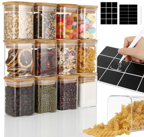 Auauraintt Gewürzgläser Eckig,12 x 210 ml Set - Küche Glas-Gewürzdosen mit Hochwertigem Holzdeckel and Etiketten,Stapelbare Gewürzgläser,geeignet als Gewürzaufbewahrung