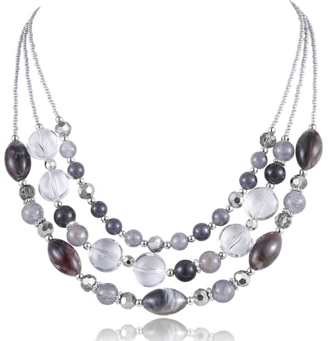 FULU AUTUMN Layered Statement Necklaces for Women Chunky Beaded Necklaces Costume Jewellery Valentines Gifts for Her(Grey)
