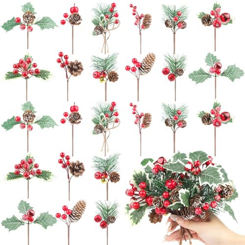 Larber 36PCS Christmas Berries Decorations Christmas Pine Cones Berry Pine Branch Set Holly Spray Artificial christmas Picks for Crafts Gift Wrapping DIY Winter Floral Picks Tree Fillers Wreaths Decor