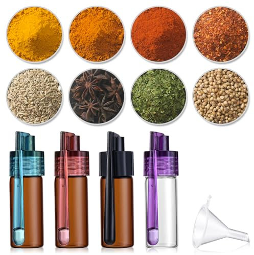 Abeillo 4 Pcs Portable Pepper Dispenser, Leak-Proof Spoon Cover Salt Shaker, Mini Decorative Glass Bottles with 1 Clear Funnels Suitable for for Pepper, Salt, Essential Oils(Random Color of Lid)