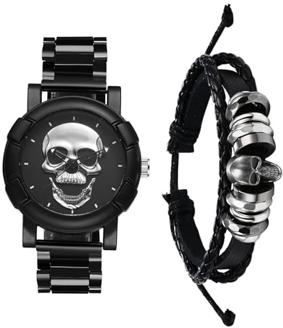 JewelryWe Montre Homme Acier Inoxydable: Ensemble Bracelet Cuir Tressé et Montre Bracelet Acier Cadran Crâne Tête de Mort Gothique Punk Analogique Quartz - Cadeau Halloween et Accessoire Gothique