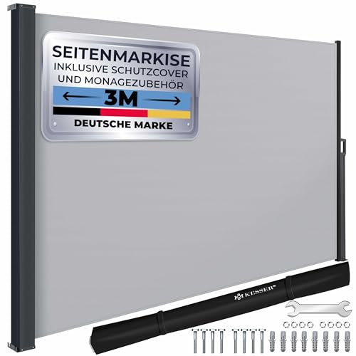 KESSER® Seitenmarkise ausziehbar Markise 200 x 300 cm Blickdicht Sichtschutz & Windschutz für Garten Balkon & Terrasse, Seitenrollo mit Wandhalterung, inkl. Wettercover & Montagezubehör, Grau