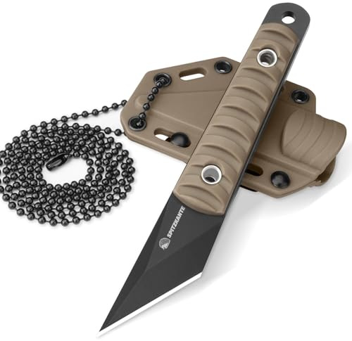 SPITZKANTE Neck Knife, mini couteau avec lame de 5,6 cm en acier 5Cr14MoV, couteau de cou tipo tanto, EDC extérieur, avec fourreau ABS et chaîne à bille, tout noir