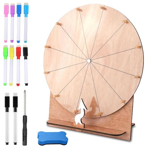 Roue porte-bonheur à tourner, 12 emplacements, roue porte-bonheur en bois, 30 cm, avec marqueur effaçable à sec et gomme, roue de la fortune à personnaliser, roue porte-bonheur pour jeux de mots, fête