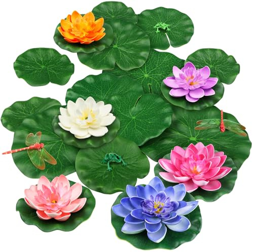 QUOZUO 22-pack konstgjorda flytande skum-lotusblommor med konstgjord groda lotusblad, liljedynor för sjön, dammväxter prydnader för pool vattendekoration, färgglad