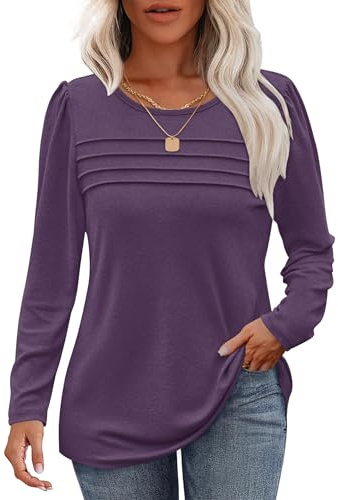 WNEEDU Damen Langarmshirt Rundhals Lässige Lose Pullover Damen Trendy Falten Sweatshirt Herbst Winter Puli Oberteile Bluse Tunika Tops Grau Lila M
