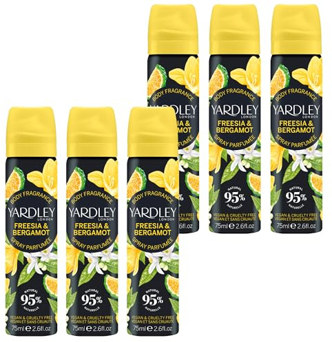 Yardley London Freesia and Bergamot Spray Corporal, Spray Corporal Floral para Mujer con Notas de Bergamota y Limón, Bruma Corporal Freesia para Mujer 6 x 75ml
