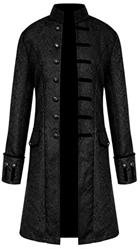 Steampunk Medieval Vintage Coat Men, Gothic Single Breasted Trench Coat Long,Halloween Tailcoat Costume, Medieval Victorian Frock Uniform for Steampunk-Themed & Halloween Party Black