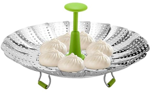 Inserto per cottura a vapore, inserto a vapore pieghevole in acciaio inox, con manico estraibile, per cottura a vapore e panini di riso