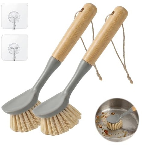 Set 2 Cepillo Fregadero Cepillo Cocina Cepillo de Madera Cepillo para Ollas Cepillo con Rascador Cepillos Multiuso para Platos Sartenes Fregadero con Ganchos