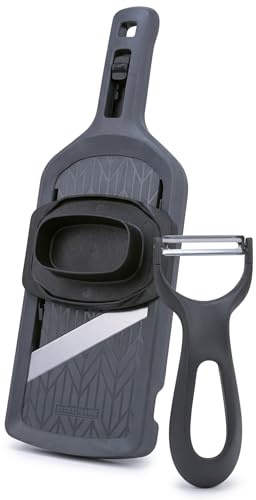 Fackelmann Set mandolina da cucina regolabile, pelaverdure professionale in acciaio inox, affettaverdure multifunzione con 4 spessori, sbucciatore ergonomico per patate, carote, zucchine