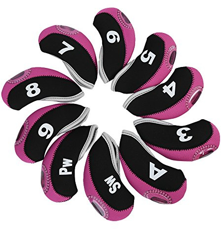 10 pcs Tête de Club de Golf, Couvre de tête de Putter de Club de Golf, Capuchon de Housse de Tête de Couvre-Fer avec des Numéros(Rose)