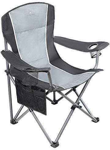 ALPHA CAMP Oversized Camping Folding Portable Chair Heavy Duty Steel Frame Support 160kg Arm Chair with Cup Holder Quad Lumbar Back Chair for Outdoor/Indoor_Gray-Black