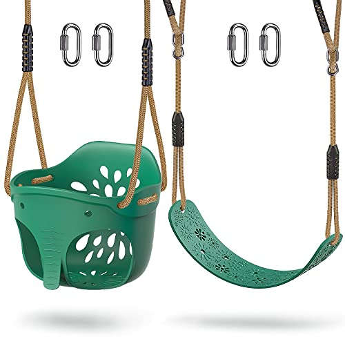 Dolibest High Back Full Bucket Toddler Swing and Heavy Duty Swing Seat Combo Pack, Cute Elephant Playground Set Accessories Replacement, Adjustable Rope, 600LB Capacity, 4 Carabiners, Green