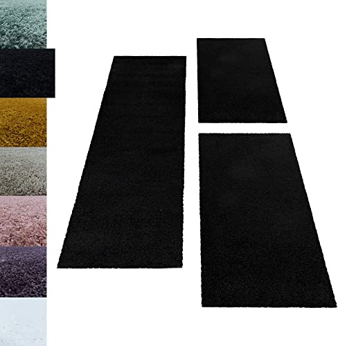 Carpettex Set di tappeti a pelo lungo, per camera da letto, set da 3 pezzi, tinta unita, colore: nero, set da 2 x 60 x 110 + 1 x 80 x 250 cm