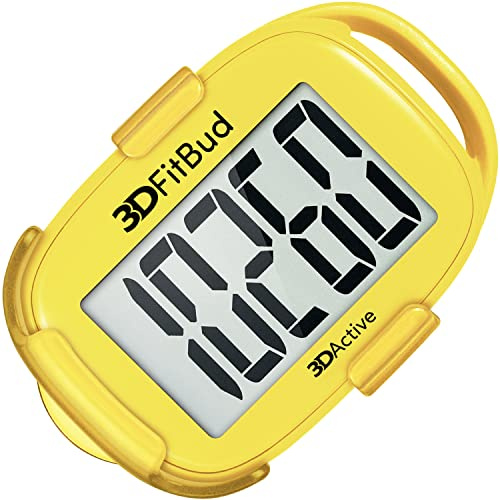 3DActive 3DFitBud Simple Step Counter Walking 3D Pedometer with Clip, Lanyard Accurate Step Tracker Large Display, Easy to Use for Kids Men Women Adult Seniors Daily Step Tracking - A420S - Yellow