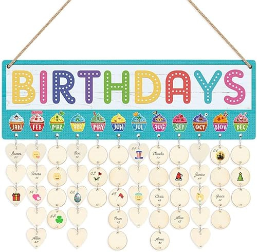 CHDITB Wooden Birthday Reminder Calendar Board(16x5)Cute Birthday Plaque Gift for Kids Inspirational Quotes Wooden Birthday Tracker Plaque Wall Hanging with 100 Heart/Circle Tags Birthdays Calendar