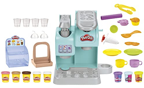 Play-Doh Kitchen Creations Knetspaß Café, Bastel-Set mit Spielzeug-Kaffeemaschine mit 20 Accessoires und 8 Dosen zweifarbige Knete, kreatives für Kinder ab 3 Jahren