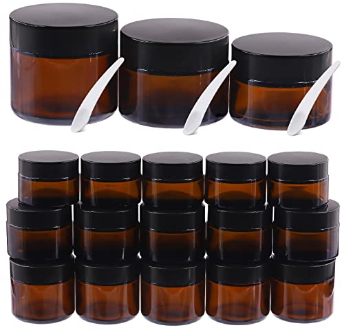 Mardatt 15PCS Round Amber Glass Jars, 1/1.7/2 OZ Mason Jar Amber Cosmetic Containers with Spoons and Black Lids, Glass Candle Jars for Storing Lip and Cream Lotion