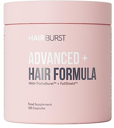 HAIR BURST Advanced+ Haarformel Supplement — Zielt auf die Ursachen ab, fördert kräftiges und volles Haar – Natürliche Haarpflegeprodukte – 4 Kapseln täglich