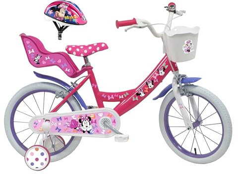 A.T.L.A.S. Bicicleta Infantil de 16 Pulgadas, para niña, Disney + Casco Minnie Incluido, Rosa y Blanco, idéntico a Las Fotos