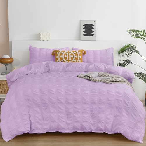 Fondream Purple Seersucker Duvet Cover Double Size Pompom Tassels Design Bedding Set Textured Bedding Set with Zipper Closure (Purple, 200x200cm)