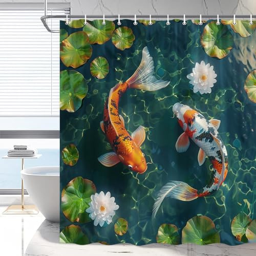 RDRUVA Koi Fish Shower Curtain Japanese Asian Art Bathroom Curtains Colorful Carp Lotus Leaf Pond Oriental Traditional Watercolor Ink Painting Bathtub Decor Include Hooks 70 x 70 in