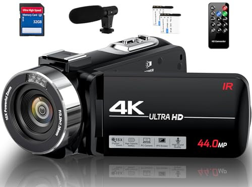DINGETU Camcorder Video Camera 4K Ultra 44MP Vlogging Camera for YouTube 18X Digital Zoom Camcorder 3.0 IPS Screen Video Recorder with External Mic, Controller, 2 Batteries and 32G SD Card