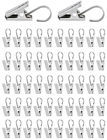 KGDUYC 50 Pièces Pinces à Rideaux en Métal, Argent Clips en Acier Inoxydable an Crochets, Crochets Anneaux à Pince pour Draperie, Pince Rideau Douche, Photo, lumières