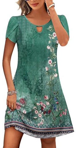 Zeagoo Schöne Damenkleidung Sommerkleid Boho Kurzarm Blumenkleid Knielang Rundhals Strand Kleid A Linie Freizeitkleid Grün L