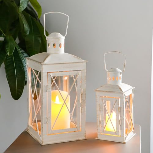 TRIROCKS Juego de 2 faroles decorativos para velas de metal de 30 cm y 20 cm de alto, perfecto para decoración del hogar, patio, sala de estar, fiestas, eventos, mesa, interiores y exteriores (blanco