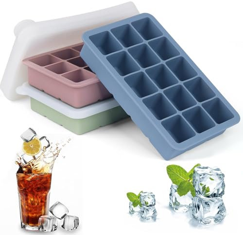 UGXJAIO Silicone Ice Cube Tray with Lid – 3 Pack, 45 Large Cubes, BPA Free, Flexible & Reusable, Freezer Safe Large Ice Cube Moulds for Cocktails,Whiskey,Dishwasher Safe, Easy Release, Stackable