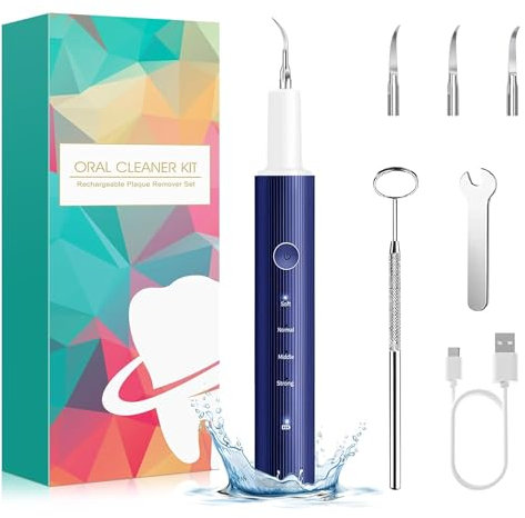 Zahnsteinentferner Zahnreinigung IPX7 Asserdicht mit 4 Modi und 4 Düsen Tragbare Elektrische Munddusche von Speiseresten und Reinigen Zahnbürste der Zähne USB-C Wiederaufladbar Blau