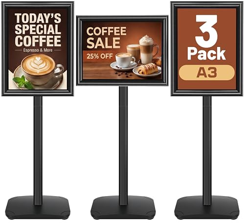 VAIIGO Lot de 3 Porte Affiche A3 robuste sur Pied - Base fonte lestée, Rotation 360°, Cadre Clipsable - Présentoir Panneau Affichage Extérieur – Pour Avis, Publicité, Porte Menu Restaurant | Noir