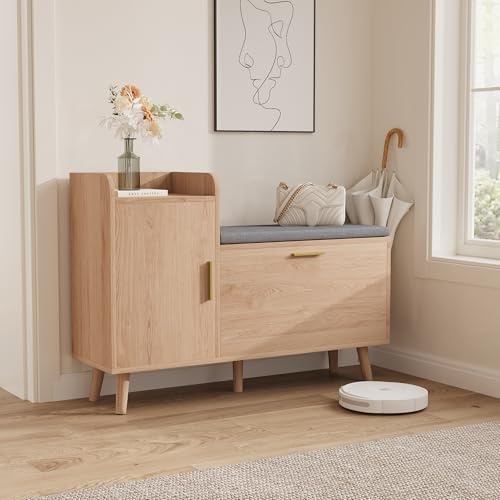 BestAlice Banc de Rangement à Chaussures avec tiroir à Rabat, Meuble d'entrée Naturel avec siège rembourré, Meuble de Rangement en Forme de L pour Couloir, Chambre, Salon, Bureau (Naturel)