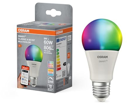 OSRAM Lampada LED SMART+ Matter A60, forma a lampadina, 9W E27 RGBW, dimmerabile, controllabile tramite app e voce, compatibile con Alexa, Google, Apple, WiFi