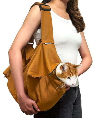 AmKune Cat Carrier Pouch for Medium Cats 10–20 lbs, Soft Cat Carrier with Upgraded Adjustable Strap, Durable Cotton Cat Bag for Nail Trimming, Medication & Vet Visits – Caramel