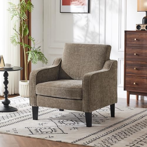 Bonnlo Armchair, Mid Century Modern Fabric Accent Chair for Living Room, Small Tub Chair with Thick Cushion, Comfortable Lounge Chair Perfect for Bedroom, Apartment, Office, Light Brown, Chenille