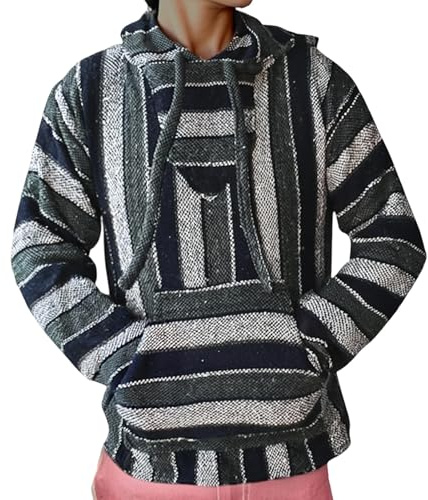 Zanisouta Jersey para hombre mexicano, sudadera vintage a rayas, chaqueta hippie, camisa informal con capucha, estilo étnico, jersey ajustado, parte superior Y2K Streetwear, O Gris Oscuro, L