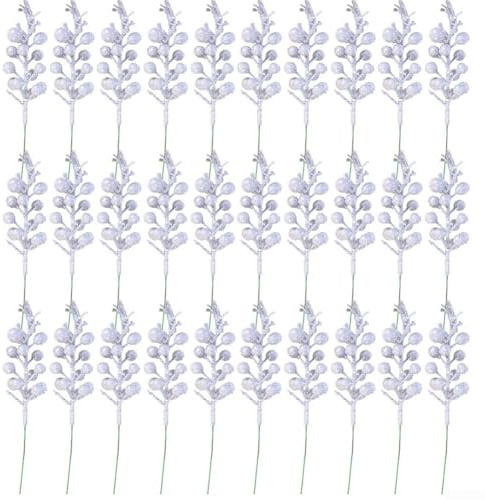 30 steli di bacche artificiali natalizie con glitter, per decorare ghirlande, composizioni floreali, lanterne per interni e decorazioni per feste, bacche in schiuma su filo flessibile (argento)