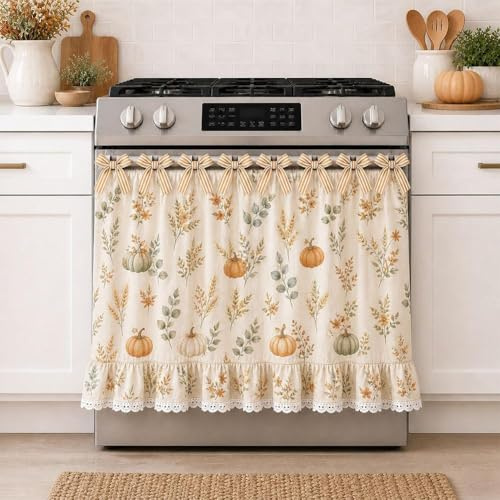 Farmhouse Stove Skirt Oven Curtain for Kitchen Decor, Oven Dishwashers Cabinet Decorative Curtains with Bow Ties & Lace Ruffle Trim for Cottage Kitchen, 30 x 21.65