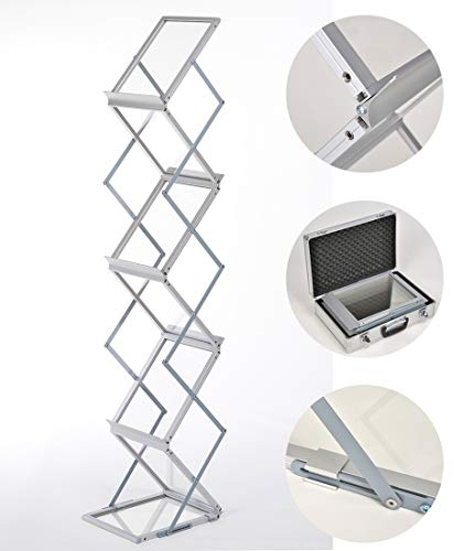 DISPLAY SALES Prospektständer faltbar | Flyerhalter 6 x DIN A4 inkl. Tragekoffer | Prospekthalter A4 stehend in silber | Aufsteller klappbar aus Alu/Acryl | Zeitschriftenständer
