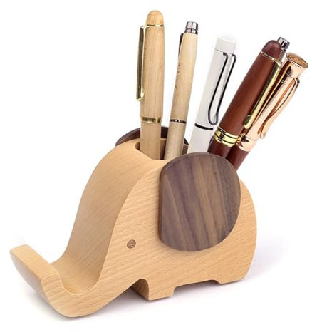 Lepidi Portalápices de Madera para Bolígrafos, Multifuncional Creativo Forma de Elefante Madera Organizador de Lápiz con Soporte para Teléfono Elefante para Oficina, Hogar Decorativo o Escuela